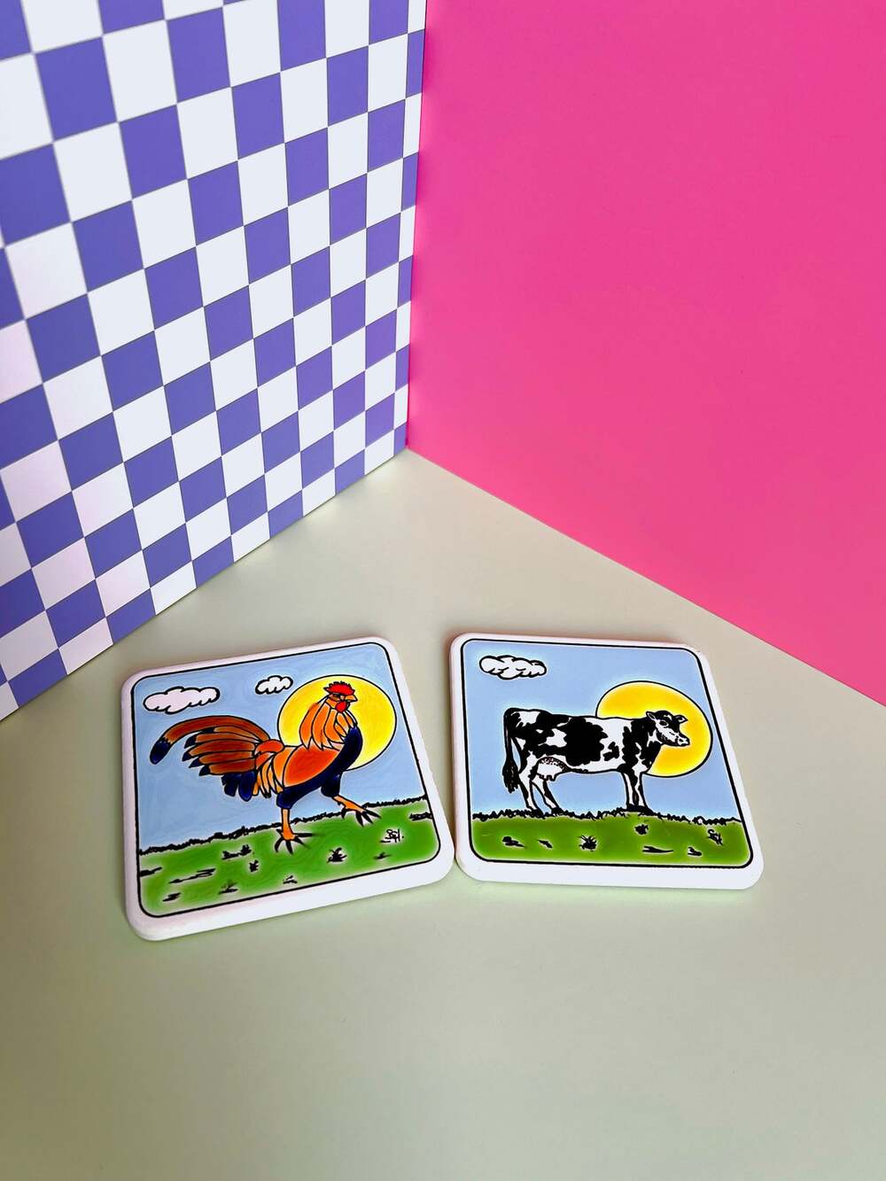 Vintage Country Farm Ceramic Coasters Cow Rooster Chicken Farmhouse Kitchen